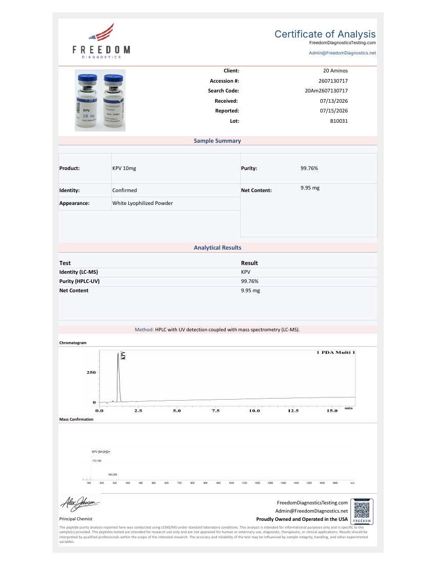Report page for KPV · 10mg