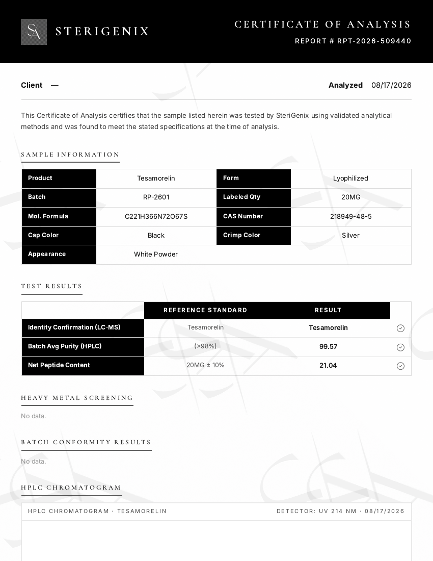 First page preview of Tesamorelin 20mg COA